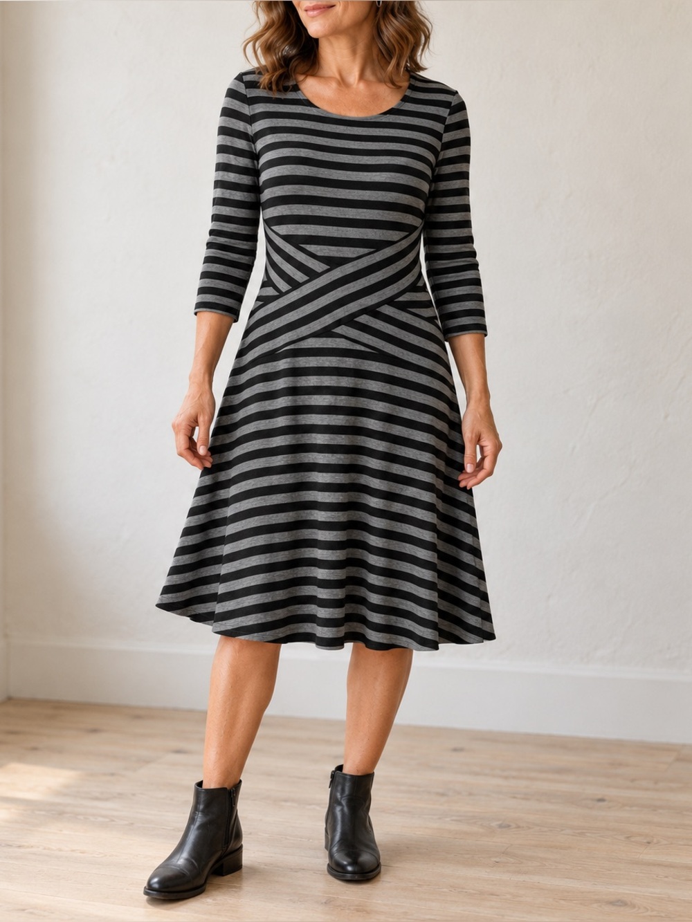 Beige by ECI Women’s Black and Gray Striped A-Line Dress (#6)